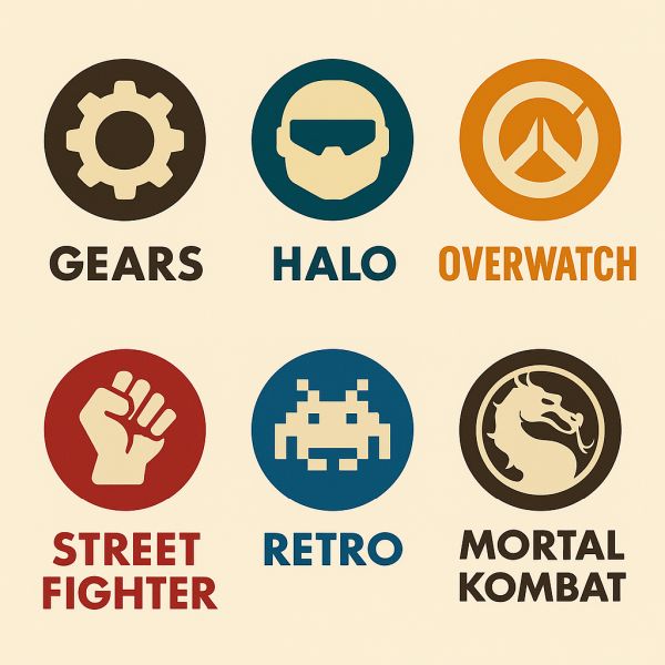 Ikony kategorii Funko POP Games: Gears of War, Halo, Overwatch, Street Fighter, Retro oraz Mortal Kombat.