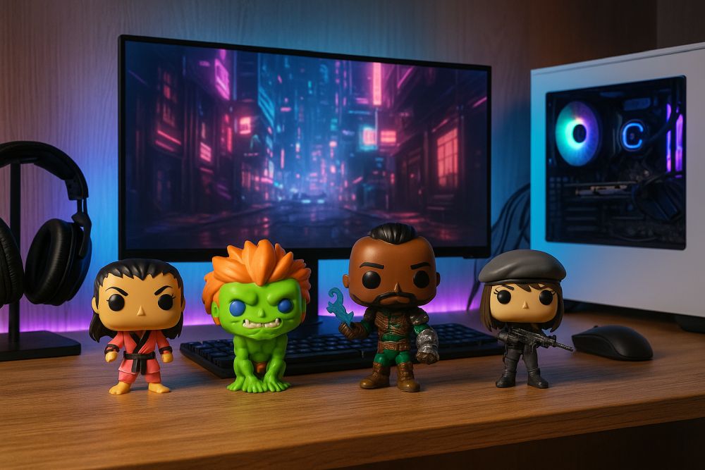 Gamingowy setup z figurkami Funko POP ustawionymi przy monitorze podświetlanym LED.
