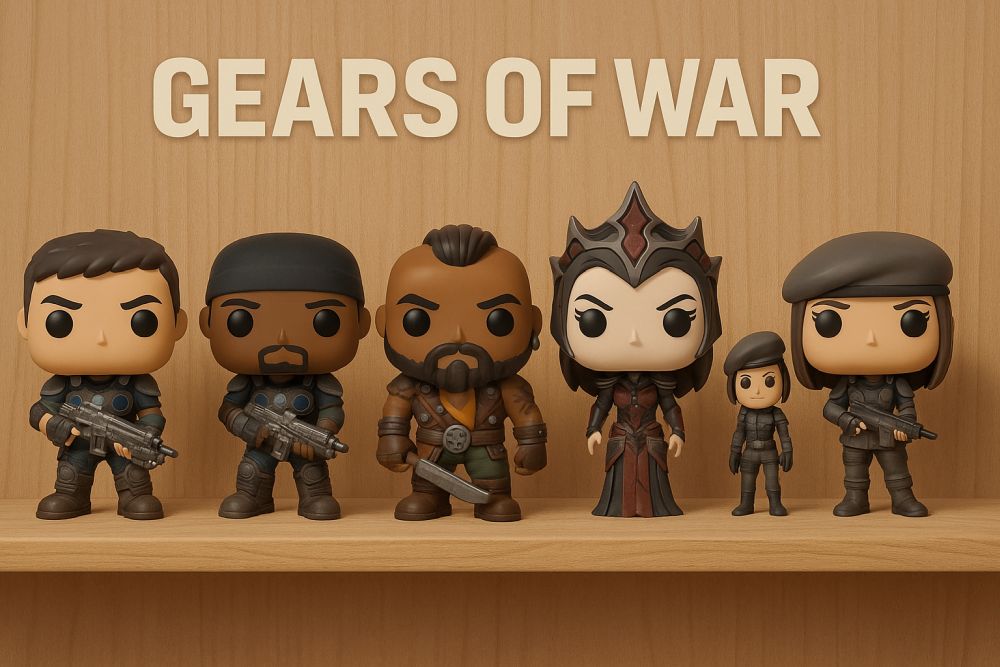 Figurki Funko POP Gears of War: JD Fenix, Del Walker, Oscar Diaz, Queen Myrrah i Kait Diaz — cała kolekcja na półce.
