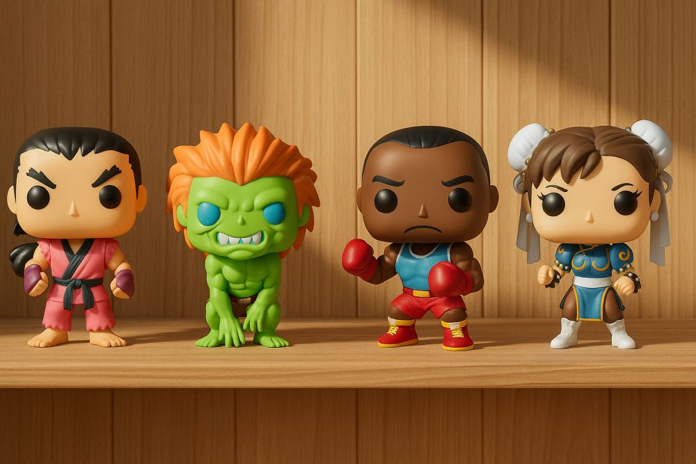 Figurki Funko POP Street Fighter: Dan, Blanka, Balrog i Sonya Blade – cztery figurki obok siebie.