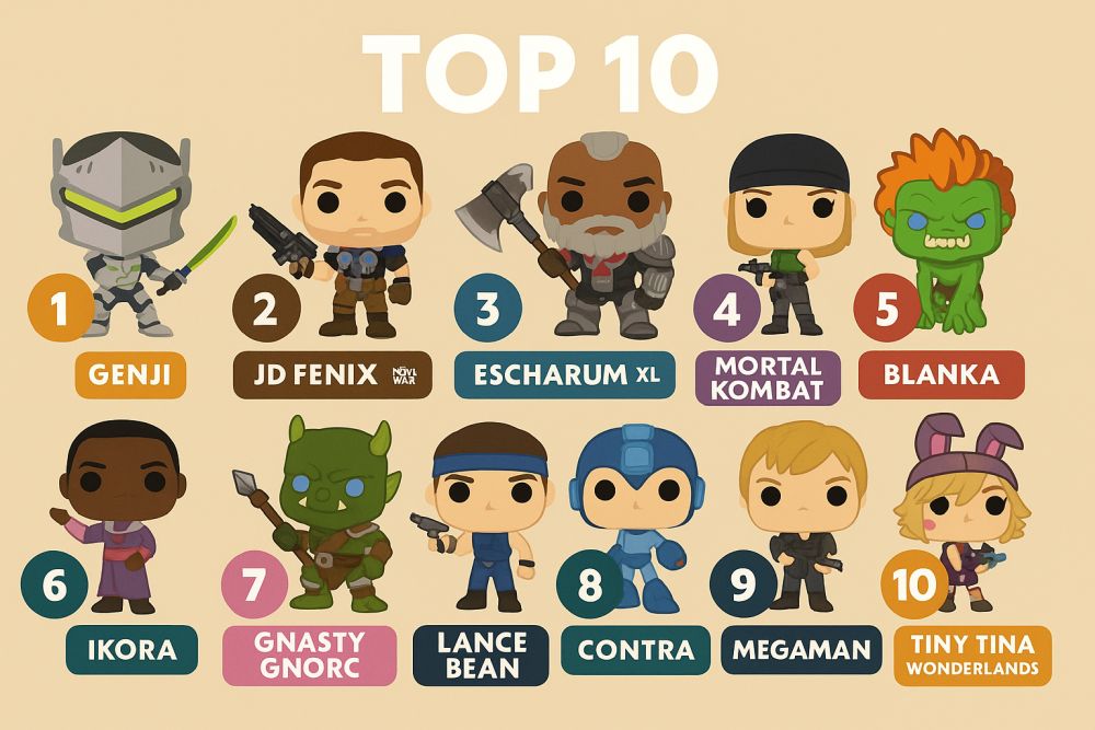 Ranking TOP 10 figurek Funko POP z gier: Genji, JD Fenix, Escharum XL, Sonya Blade, Blanka, Ikora, Gnasty Gnorc, Lance Bean, Megaman, Tiny Tina.